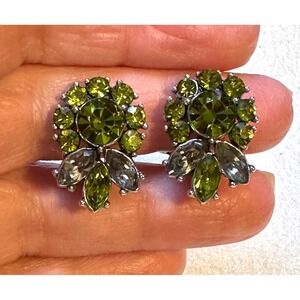 Trifari Olive Green and Grey Rhinestone Earrings